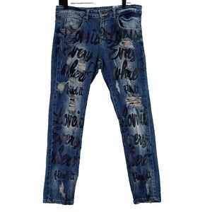 VTG Raw Denim Project Denim Delux Jeans Womens Size M Distressed Graphic Print